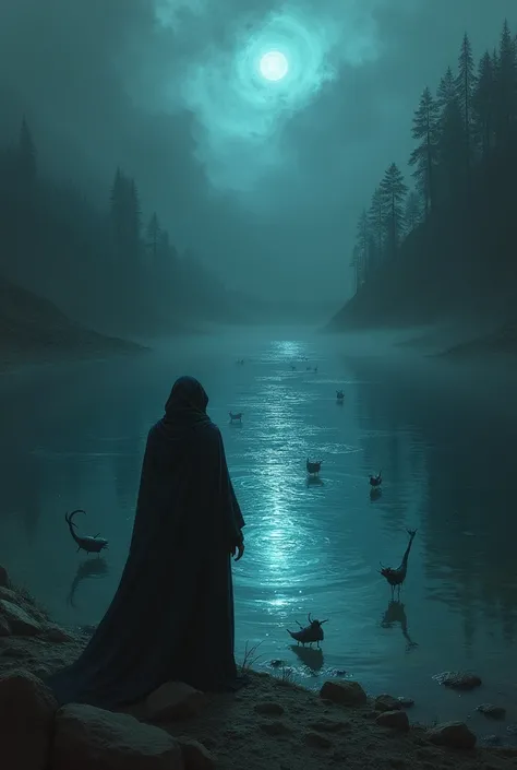 "a mysterious witch stands at the edge of a deep, black lake, her fingers tracing the surface of the water as it ripples unnaturally. reflections of strange, otherworldly creatures emerge from the depths, hinting at dark superstitions and old magic. the la