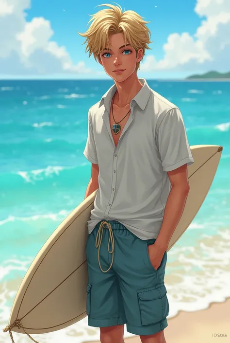 surfer boy , dark blonde hair, ocean blue eyes, a simple blouse, a cargo short, simple cord 