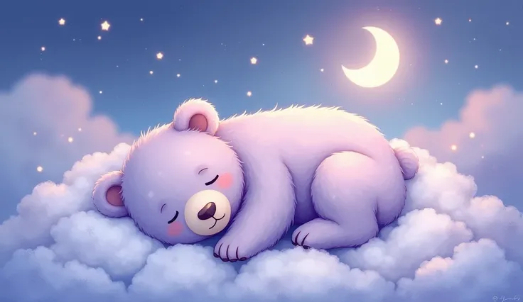 A delicate watercolor illustration featuring a sleepy little bear pup in a pastel Winnie the Pooh style. The bear is nestled among varying tones of violet, from deep to light, and pastel blue clouds that create a serene and dreamy feel. The scene is surrou...