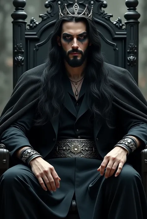 King with beard, BLACK ROSES, black leather bracelets, silver belt, long black hair, dark smudged eye makeup, silver crown, on a dark throne