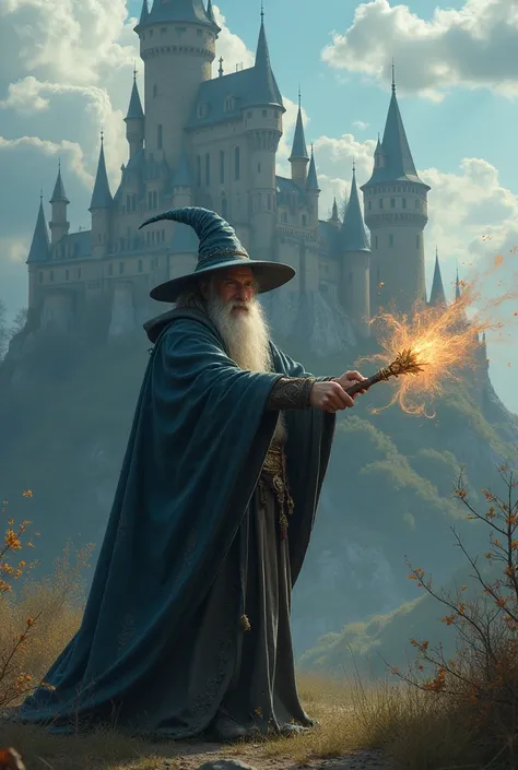 Spawns a wizard holding a magic wand in his hand with a castle With a wider style, that is, it can be seen from afar