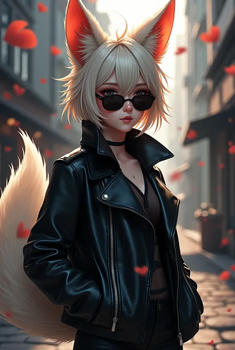 Kitsune in black leather jacket and sunglasses anime