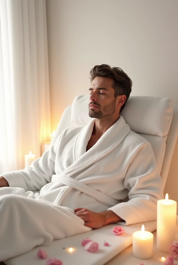 man in a spa where the main color is white, that has rose petals and candles 