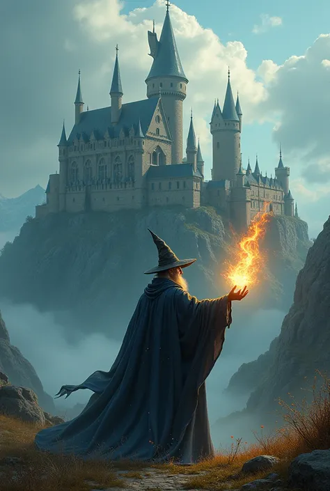 Spawns a wizard holding a magic wand in his hand with a castle With a wider style, So that it can be seen from afar. Do it but make it like a computer wallpaper.
