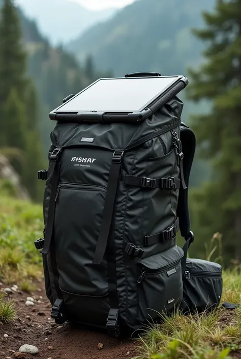 Camping backpack with solar panel and water filter