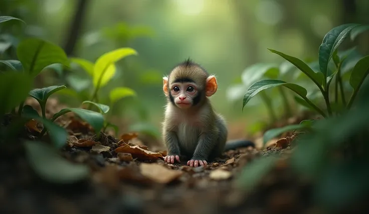 the highest quality , minuscule de quelque millimetre bebe macaque miniature  discret , ground background in the Amazon rainforest , 8k , hyper-detailed photo 
