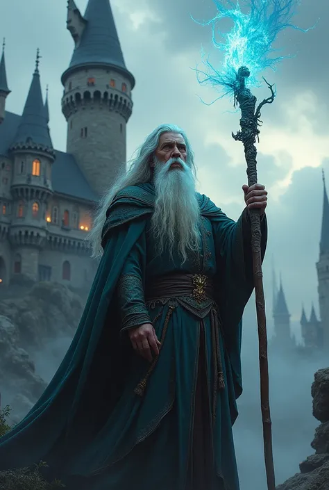 Make a wizard with a magic wand in his hand with a castle in the background but the image is for a computer wallpaper
