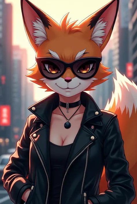 Kitsune in black leather jacket and sunglasses anime smiling 