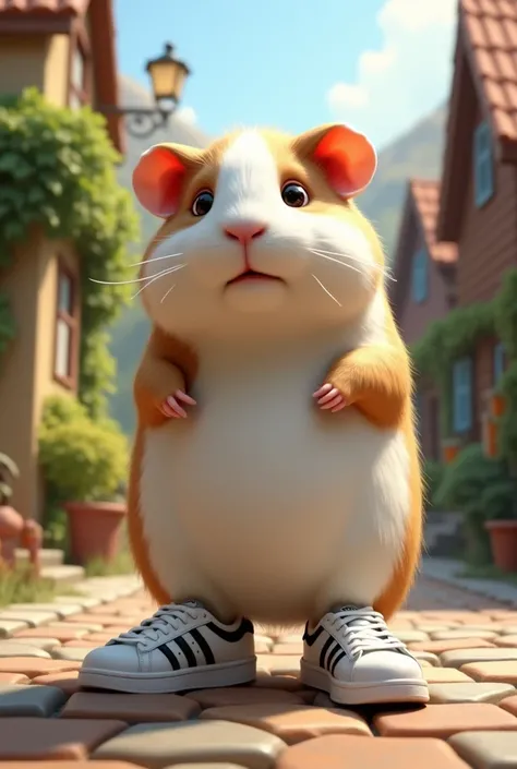 Realistic guinea pig with feet in a village standing on two feet photo from the side with some Adidas Forum sneakers on its feet and the white guinea pig with brown spots