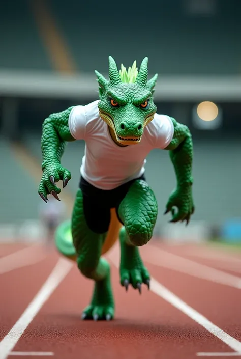 A fierce emerald green dragon running track facing foward  wearing a white tshirt and black track pants realistic photo