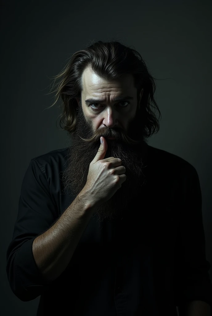  A man with a long beard in the darkness of a hidden face pointed at his lips 