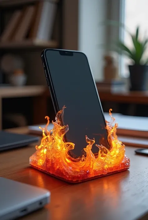 Cell phone with resin stand that resembles realistic fire, with office background 