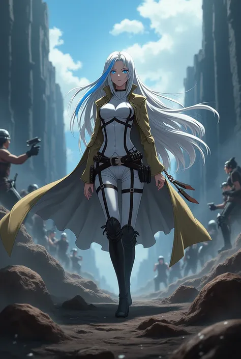 Attack on Titan screenshot of a woman with long white hair with a blue streak with light blue eyes and white skin. Intense landscape Behind her are the rest of the troop.