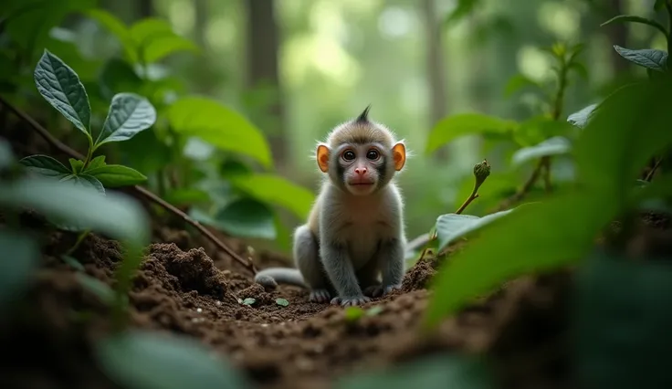 the highest quality , minuscule de quelque millimetre bebe macaque miniature  discret , ground background in the Amazon rainforest , 8k , hyper-detailed photo 
