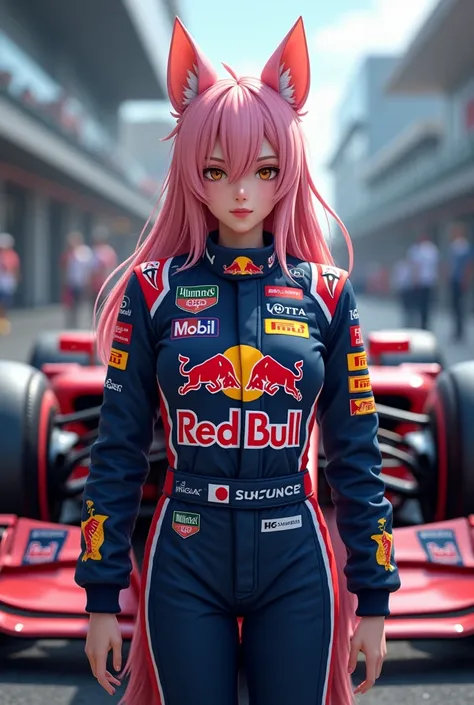 (realistic) Long shot plan. Senko from anime. 800 year old fox wife (Racing uniform of the FORMULA1 RedBull team. In the middle, a large inscription RedBull on the chest with the left sponsor Honda with the logo itself. Mobil on the right TAG HEUER the bra...