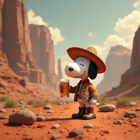 Make a picture of Snoopy dressed as a charro drinking beer on Mars