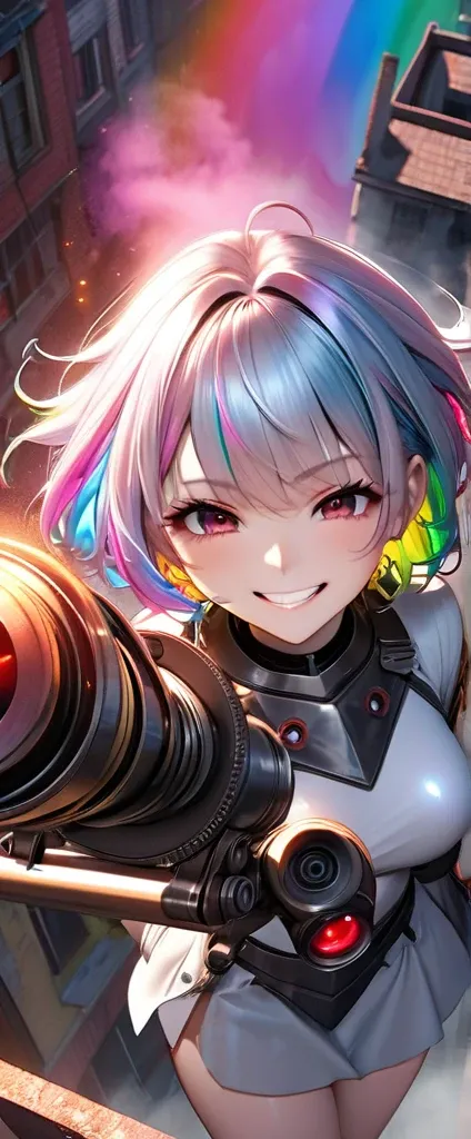 from above, best quality, super fine, 16k, incredibly absurdres, extremely detailed, 3D, delicate and dynamic, ruthless, cool and beautiful female warrior, shining iridescent clairvoyance, rainbow-colored messy wavy short hair, captivating look, aroused ex...