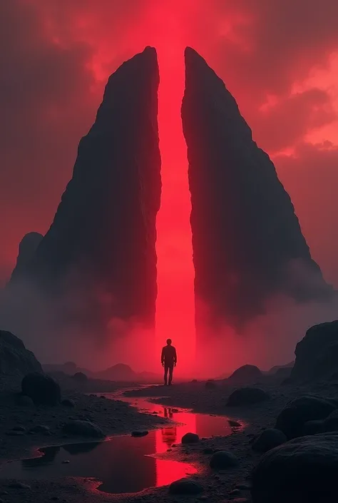 A hauntingly beautiful dark fantasy landscape features a colossal rock formation, split in two, revealing an eerie yet alluring opening that emits a mesmerizing red glow. The deep red sky transitions subtly to a lighter tone, casting a mystical atmosphere....