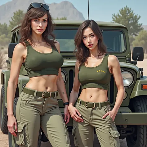 Realistic. Real life. High quality. Two military women with large breasts, standing in front of a military jeep. Both people wearing military tank tops and camo trousers.