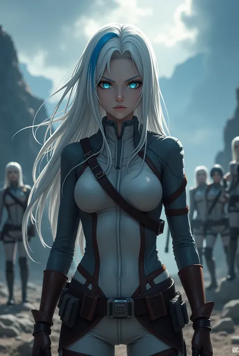 Attack on Titan screenshot of a woman with long white hair with a blue streak with light blue eyes and white skin. Intense landscape Behind her are the rest of the troop. MAP