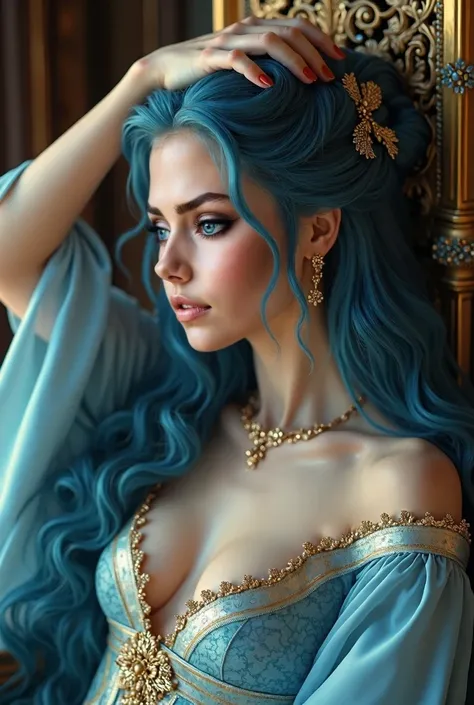 ultra realistic professional full body camera ((( blue hair, Empress in luxurious imperial clothing sitting with her hands on her head, is on its side, Only the profile is visible, She is looking down, She is sitting on a chair, His left breast is visible)...