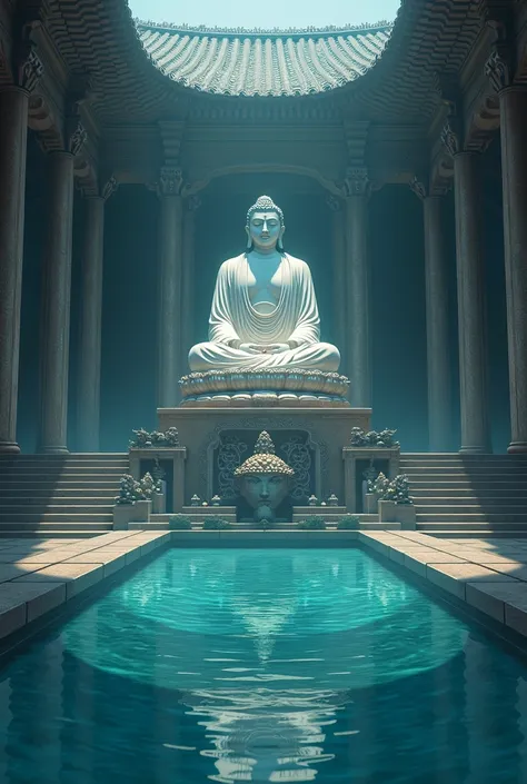 Create a domain expansion with a statue of God Buddha in the middle, a temple, posts around it, and water on the floor, Jujutsu Kaisen anime style