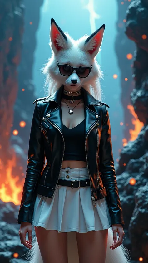 Anthropomorphic, Kitsune in black leather jacket and sunglasses, Miniskirt white, background large stones black lava magma, Magical fire floating particles, colored glass blue background,( XLabs F.9 Realism LoRA V9), partículas flotantes,fuego mágica, vibr...