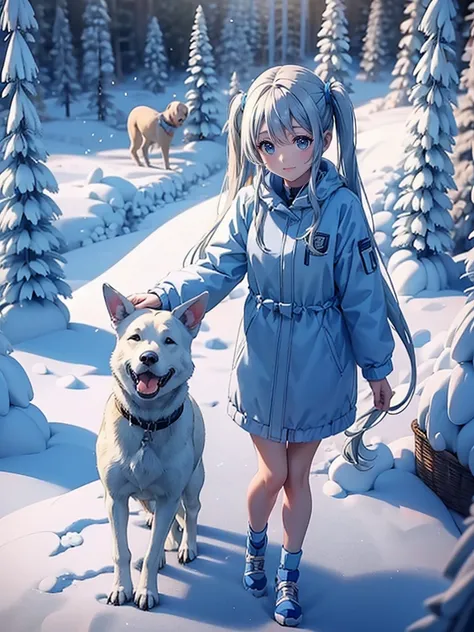 Light blue long hair、Beautiful girl with twin tails、Yellow down coat、My beloved Labrador Retriever、Footprints of a girl and her dog in the snow、A happy smile、