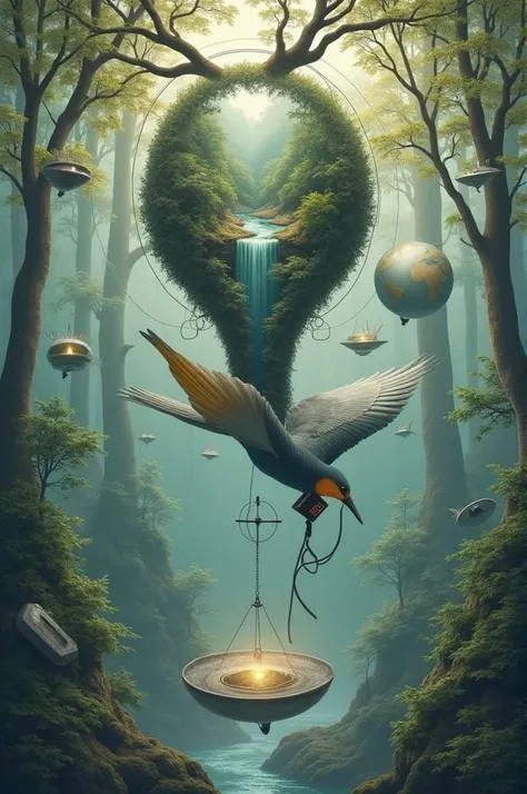 Create a bird upside down on a branch, inside the bird there is a river with a forest, and in the bird&#39;s beak a computer, behind the birds some images in a circle of objects linked to technology 