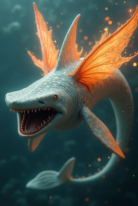 I want an AI-generated photo of a hybrid creature that combines a whale shark and a fire fairy. It should have the body of a fairy with elements of a whale shark, such as its distinctive patterns and features. Do a close up I want shark teeth