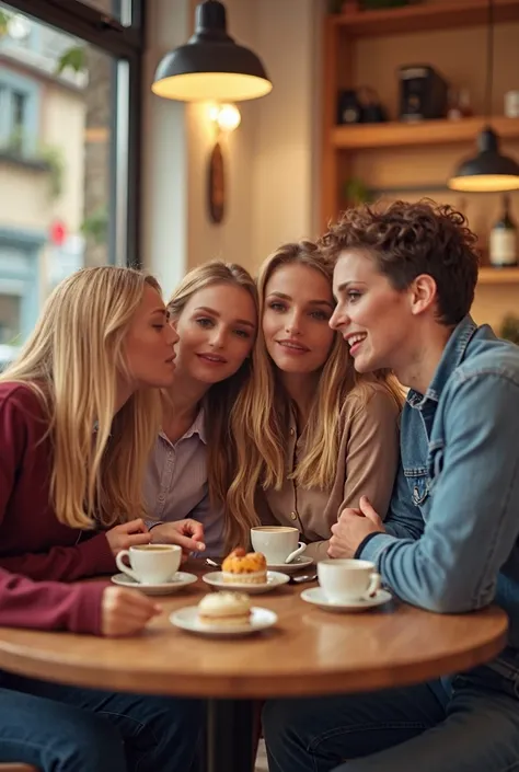 Four friends are sitting in a cozy and cheerful atmosphere at a café. The table is adorned with coffee cups, desserts, and people enjoying their conversation. The friends, two men and two women, are sitting close to each other, smiling and laughing as they...