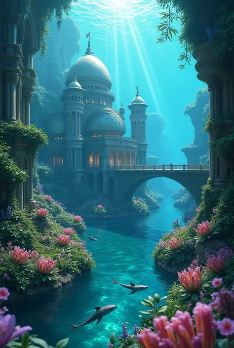 mythical underwater city full of herb gardens decorated with shimmering gems 