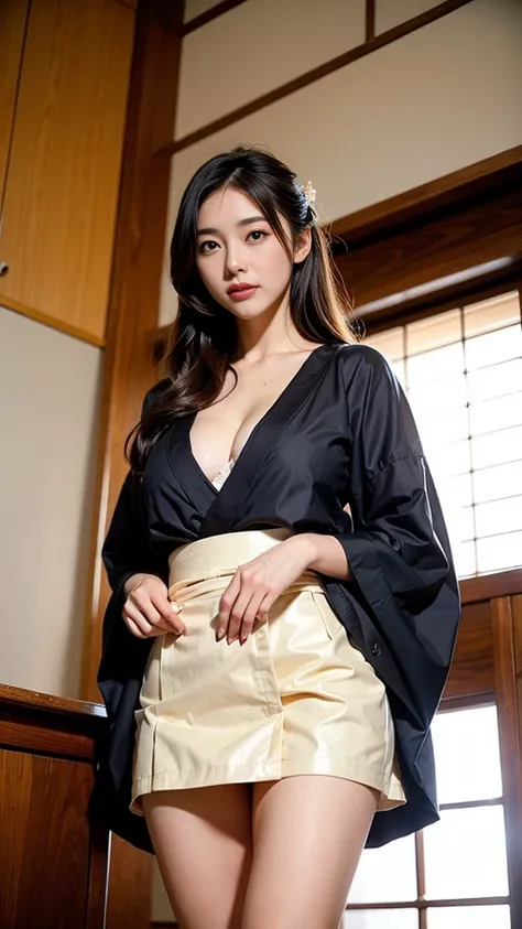 Japanese traditional clothing, kimono, woman, Large Breasts, lips, Mischievous face, motherly,chest, Big chest, Chest cleavage、mini skirt, (skirt lift:1.3), (from bottom:1.3)