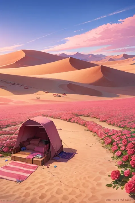 summer, Desert, ((homeless)), pink clouds, a land covered in roses, James Gurney, art station rendering, lente ultra-wide, high definition