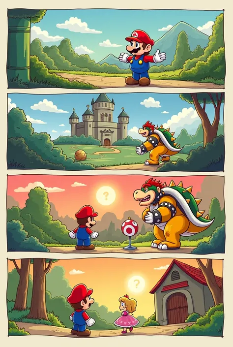 Create a story in 4 simple screens. I need it to be in the style of a drawing about the character Mario Bross. Mario was heading towards the castle to save the princess. Second image. When he arrived at the castle, he had to fight the browser. Third image....