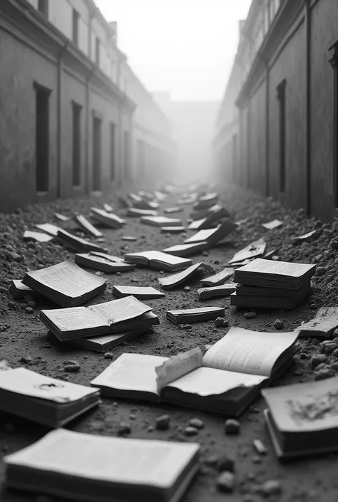 Torn books and notebooks lamenting the poor Peruvian education in black and white