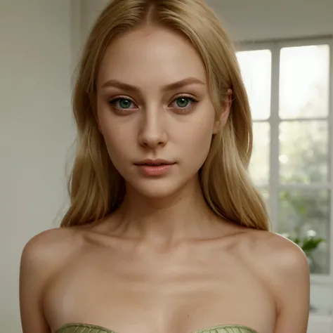 blonde woman, green eyes, thin and delicate face, sexy