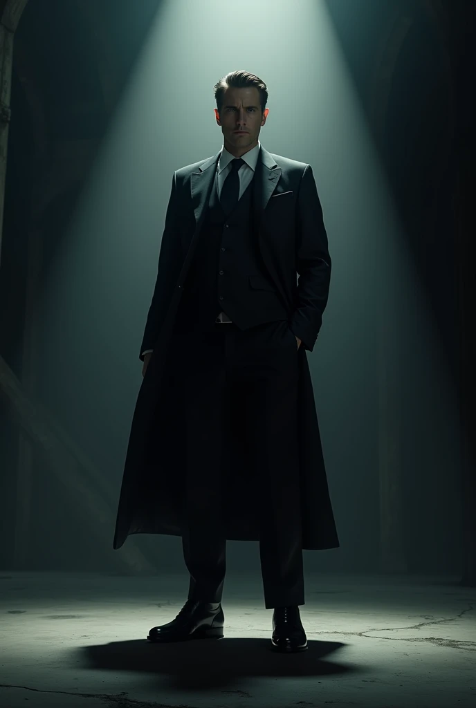 A well-dressed powerful man in a dark and empty place