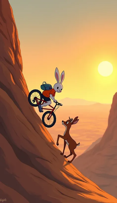 "A Disney-style scene of a small white rabbit wearing a orange T-shirt and shorts, with a water bottle strapped to its back. The small white rabbit and the baby antelope climbing a steep desert mountain. The rabbit is off its bike, climbing with determinat...