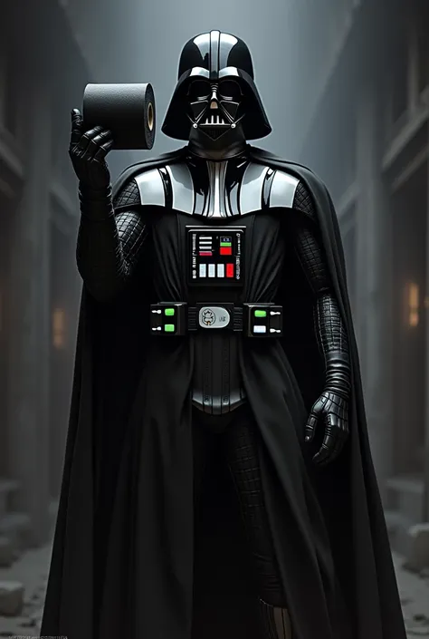 darth vade with a black toilet paper in his hand 