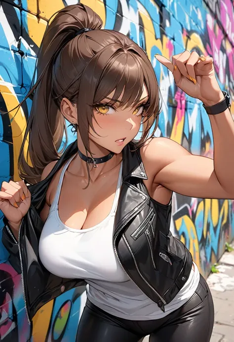 ((Best quality)), ((Masterpiece)), (details), Young woman, Medium chest, brown hair, yellow eyes, ((Long hair, ponytail)), handsome face, (Tanned:1.3), Long eyelashes, Thick eyelashes, (((Adult women, milf))), detailsที่ซับซ้อน, Aggressive gesture, tank to...