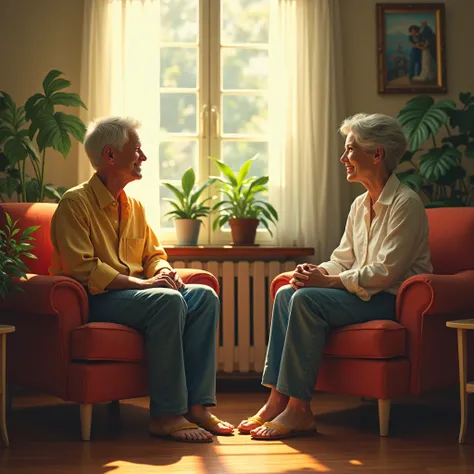 vitage style. analog style, (photorealism:1.2), (photorealism:1.2), 1960. analog style. two merried coupless dressed casually, sitting in the living room having a nice conversation. indoors, soft lighting, plants in background, window with sunlight, cozy r...