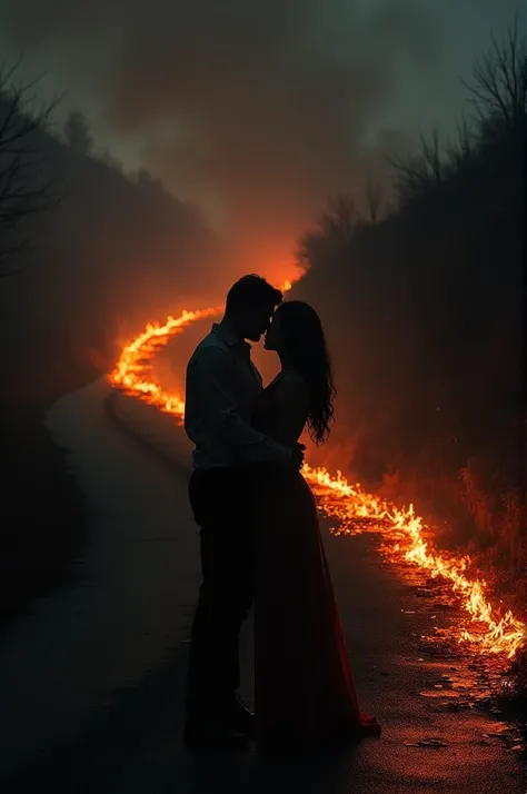 A burning road in the background and a couple kissing in the front, You can&#39;t see who the couple is because it&#39;s dark.