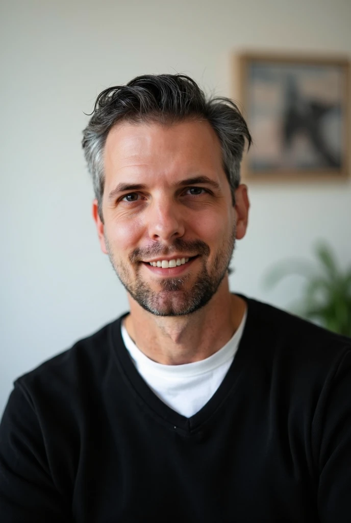 A professional portrait photo of a man with short dark hair, slightly graying at the temples, and a trimmed beard. He is looking directly at the camera with a serious yet approachable expression. He is wearing a black sweater over a white undershirt. The b...