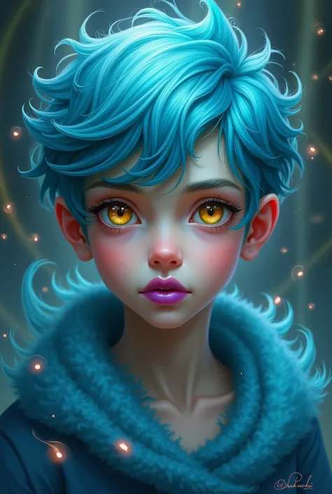 A boy with turquoise hair, yellow eyes and purple lips 