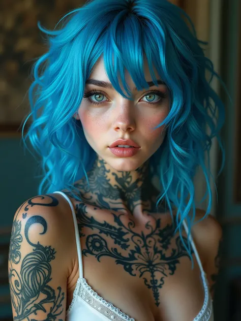 masterpiece, best quality, highly detailed background, perfect lighting, hermosa chica con cabello celeste, tatuajes en la piel, pintura en su cuerpo, ojos expresivos, fotografia medio cuerpo