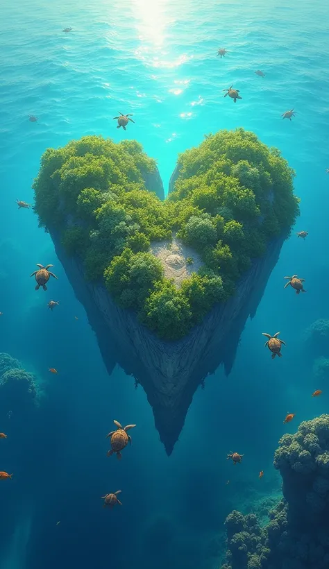 A small heart-shaped island floating in the blue sea with sea turtles swimming around it