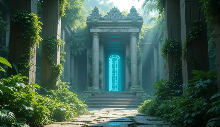 The Ancient Temple**: Depicts a temple lost in a futuristic jungle where vegetation has merged with mechanical elements. The columns are made of stone, but light circuits run across their surface. Statues of magical deities watch over the entrance, their e...