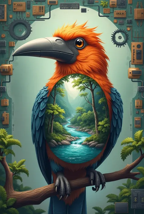 Drawing of a bird on a branch, inside the bird&#39;s belly there is a river with a forest, and in the bird&#39;s beak it carries a computer, behind the birds some images in a circle of objects linked to technology 