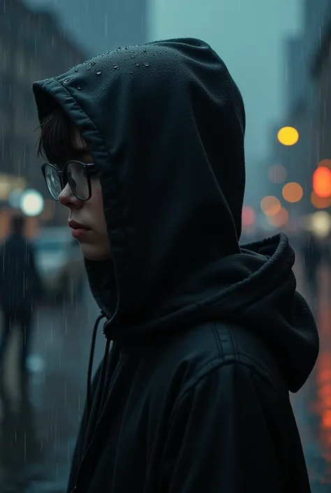 adolescent, with black hood and glasses, on a rainy day High resolution, high details, 